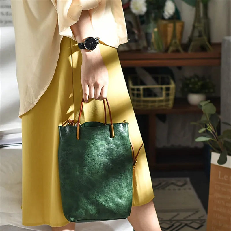 Fashion Vintage Natural Genuine Leather Women's Tote Bag Designer Luxury Real Cowhide Shoulder Bag Multifunctional Green Handbag