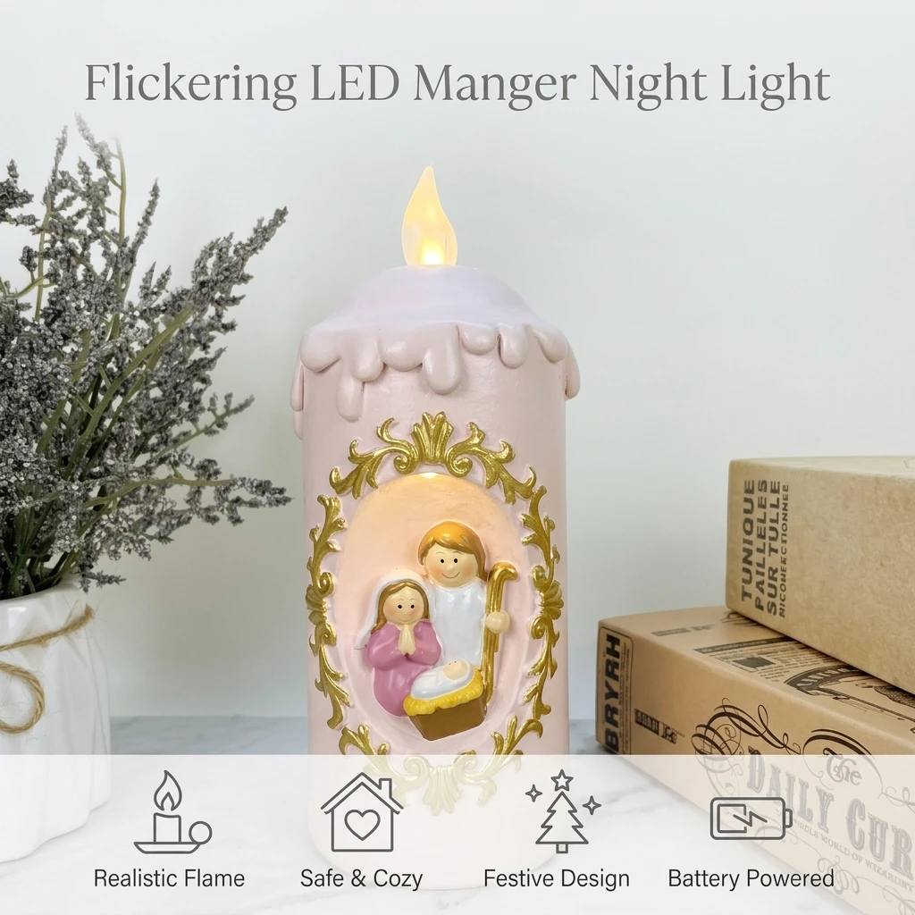 Christmas LED Lantern Pink Simulated Flame Lamp Jesus Birth Pattern Desktop Decoration Night Light Navidad New Year Gifts view 5