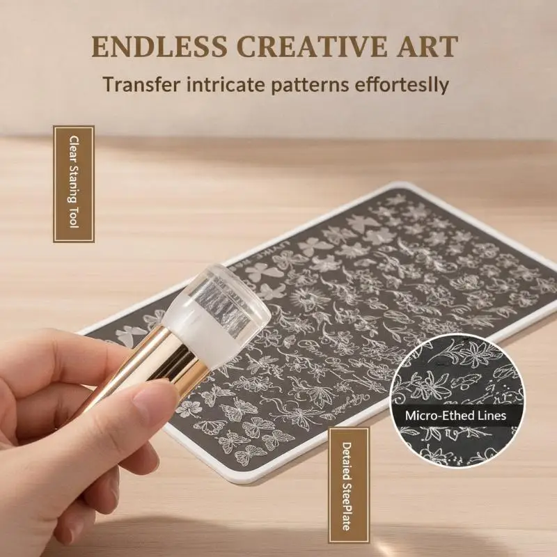 Erasable Square Clear Nail Art Silicone Stamp Steel Plate Transfer Tools Round Rotatable Stamping DIY French Manicure Templates