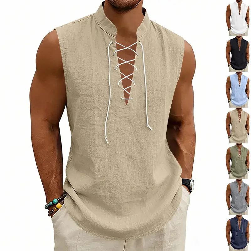 New 2026 American Style Men's Viking Medieval Drawstring Linen Breathable Loose Sleeveless Vest Summer Comfortable Soft Casual
