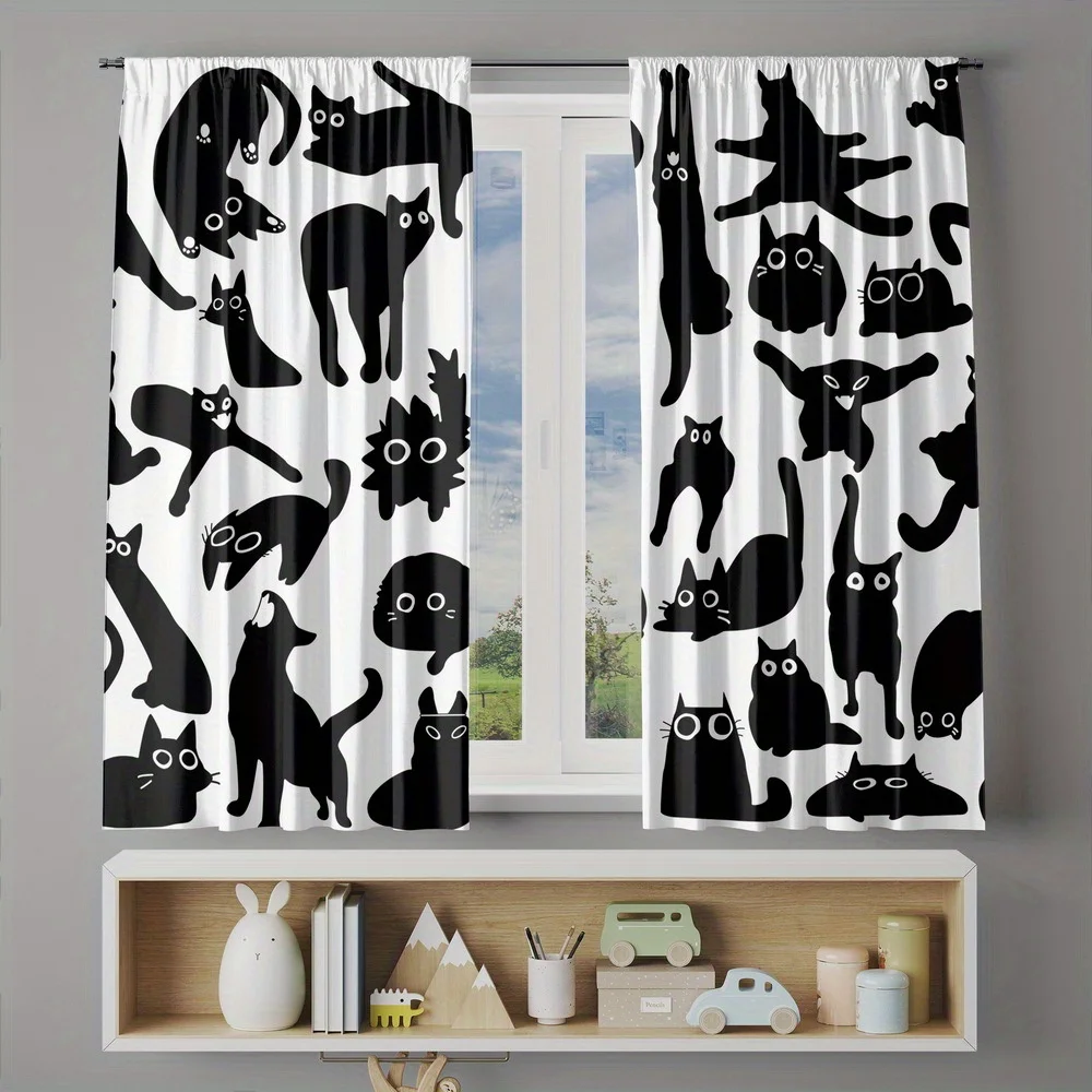 Black Cat Silhouette Curtain Panels Polyester Window Drapes Funny Cat Pattern Home Decor Cute Animal Print Living Room Bathroom