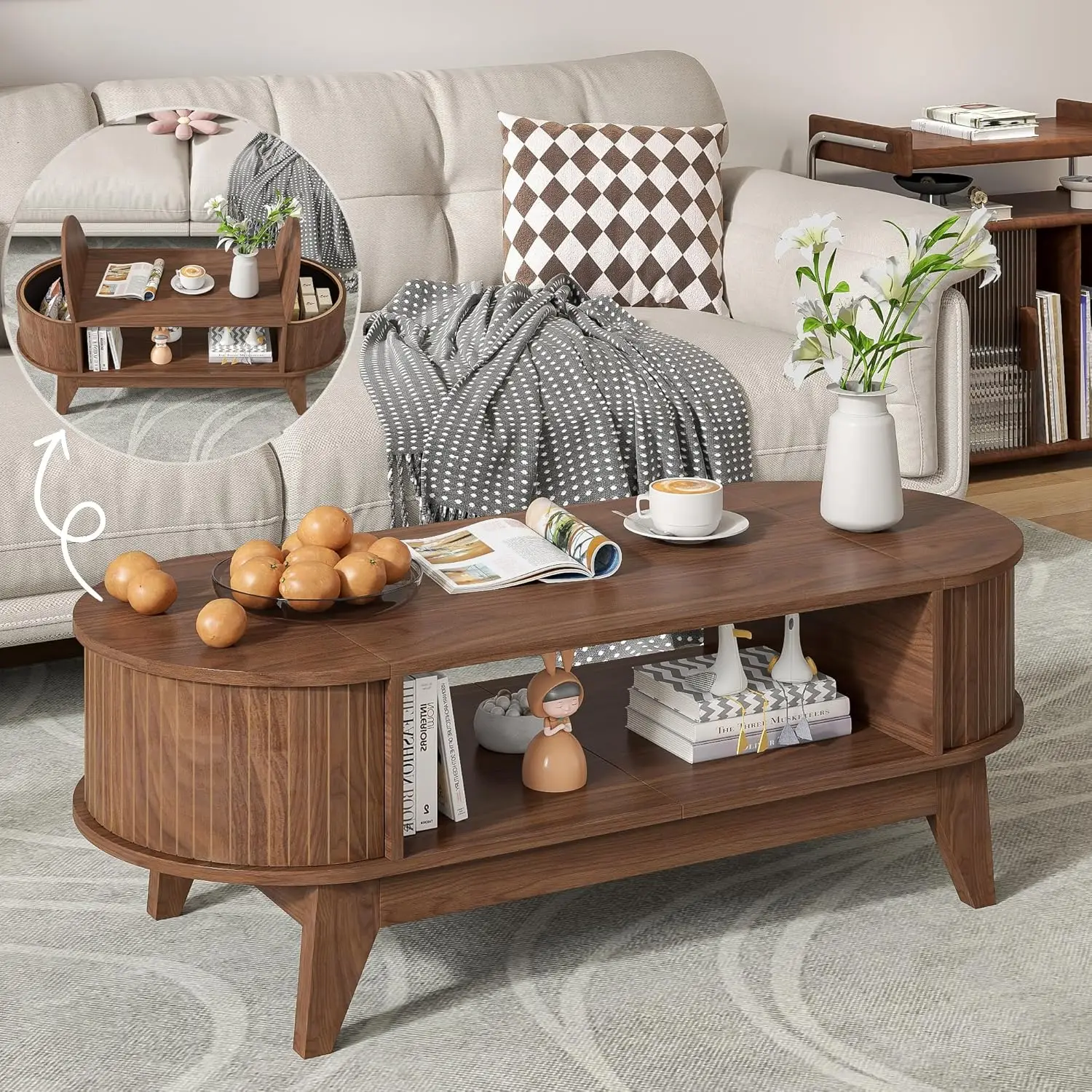 

Coffee Table with Storage,Mid Century Modern Coffee Tables with 2 Flip-Top Hidden Lids,Fluted Coffee Table,Wood Center T