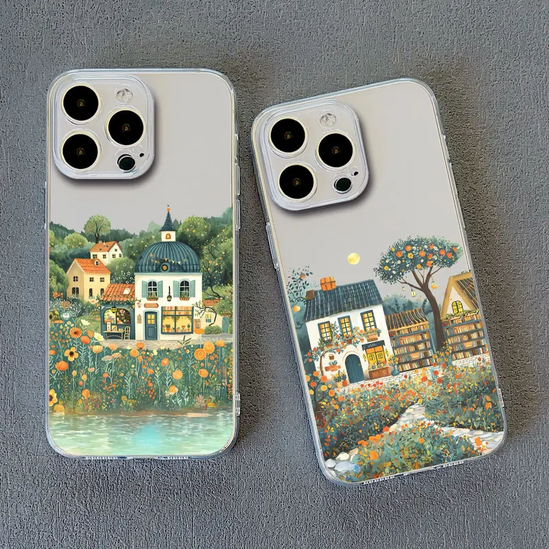 Rural Illustrations Village House Pattern Clear Phone Case for IPhone 14 13 12 11 Mini Pro Max 15 Plus Pro Max XS X XR SE2 Cover