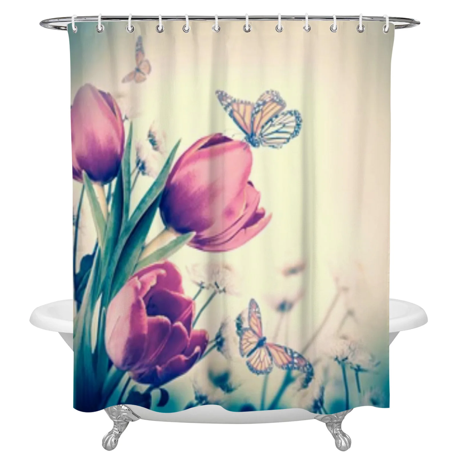 

Bouquet Of Red Tulips And Butterfly Shower Curtain Waterproof Polyester Bath Curtain Home Decoration Bathroom Accessory Curtain