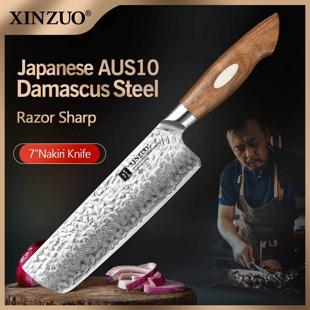 XINZUO 7'' In Nakiri Knife Japan AUS10 Damascus Stainless Steel Meat Slicing Knife Vegetables North America Black Walnut Handle