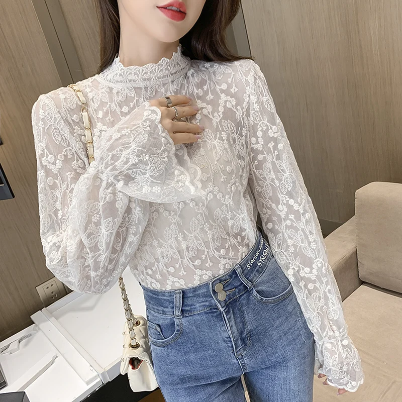 Women Lace Shirt Spring Autumn Long Sleeve Half High Collar Translucent Mesh Bottoming Shirts Female Sexy