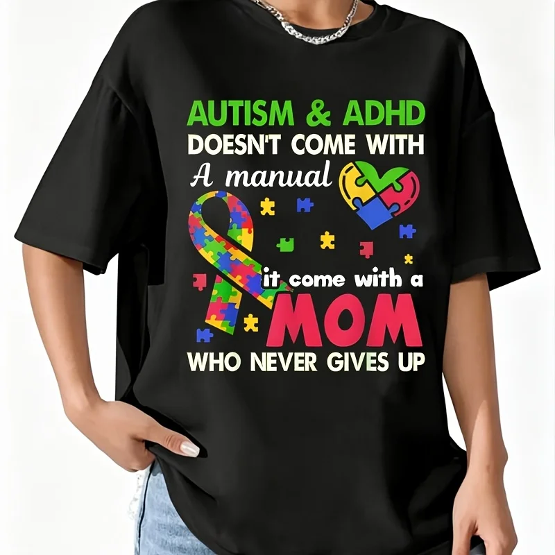 Autism & Adhd Awareness Women's T-Shirt 100% Cotton Fun Print Short Sleeve Top Casual Round Neck Tee S-5Xl