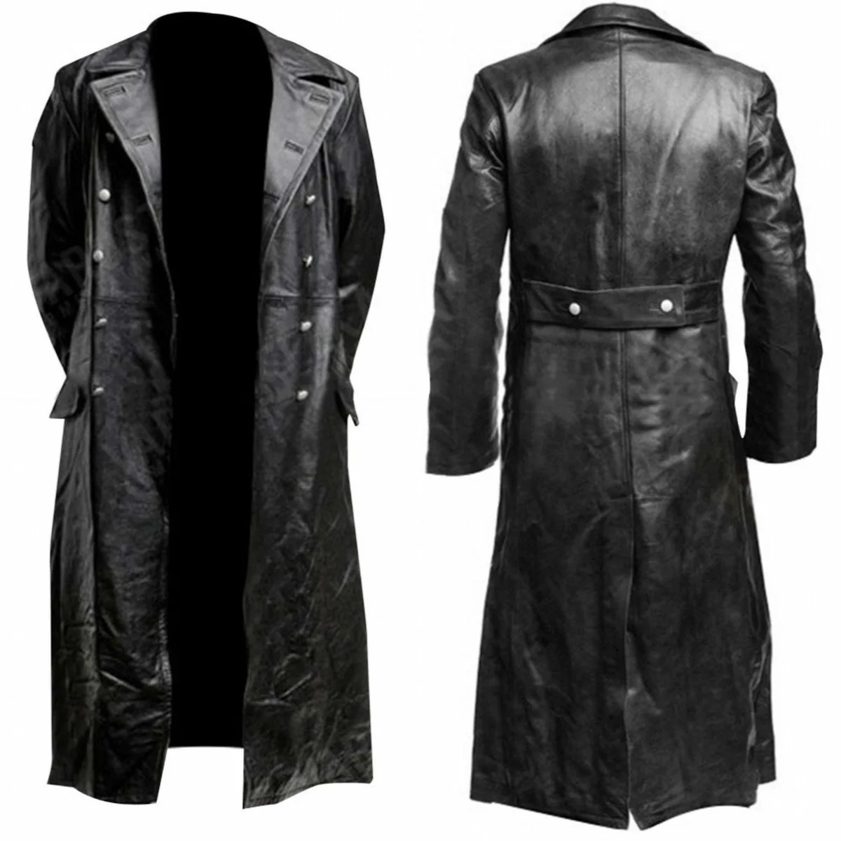 MEN\'S GERMAN CLASSIC WW2 MILITARY UNIFORM OFFICER BLACK LEATHER TRENCH COAT