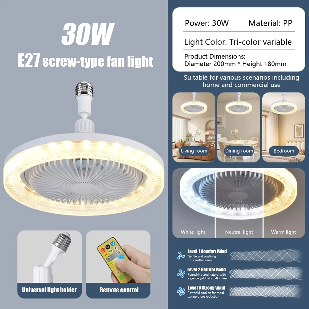 Ceiling Fans with Lights,E27 Socket Fan Lamp with Remote Control,Dimmable Brightness 3000K-6000K,3 Fan Speeds for Small Room