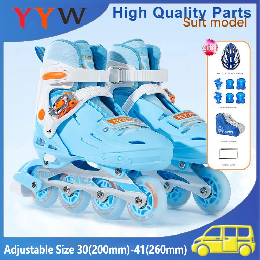 Flashing Inline Roller Skate Shoes Kids 4 Wheels Skates For Women Men Outdoor Skating Sneakers Set with Helmet Elbow,Knee Pads