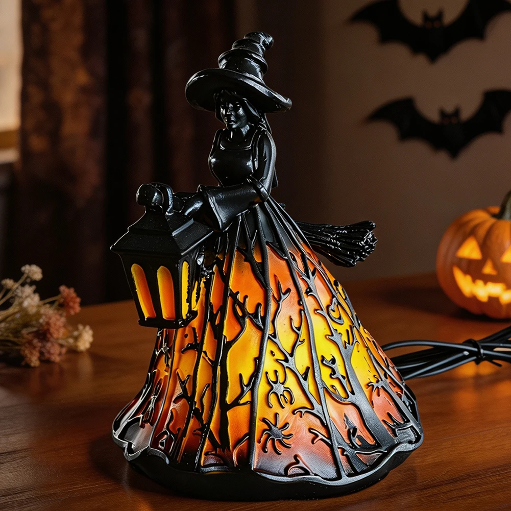 Halloween Spookys Witch Lantern Decor 3D Gothic Resin Brooms Figurine Porch Decorative Table Lamp Party Atmosphere Decor