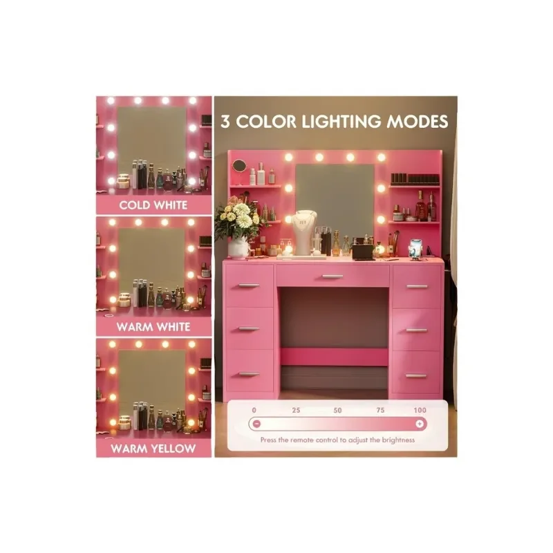 LED Mirror Dresser with Power Socket 7 Drawers Storage Cabinet for Bedroom Vanity Table Makeup Desk Organizer Furniture