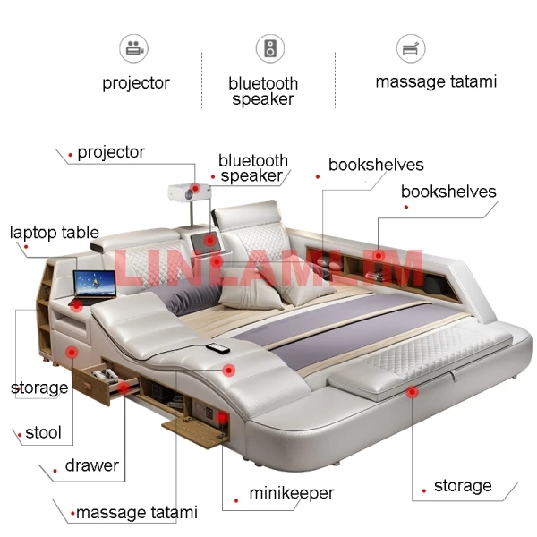 Wielofunkcyjny masaż TATAMI łóżko z prawdziwej skóry rama król/rozmiar Queen Tech inteligentne łóżka prostokąt Ultimate Camas Designer Cama