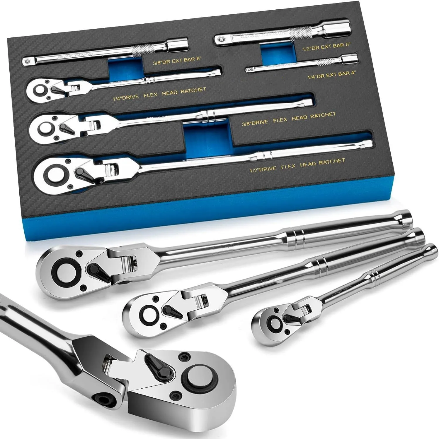 

6pcs Flex Head Ratchet Set 1/4" 3/8" 1/2" Drive 180° Adjustable Swivel Head Ratchet Wrench with Extension Bar 72 Tooth
