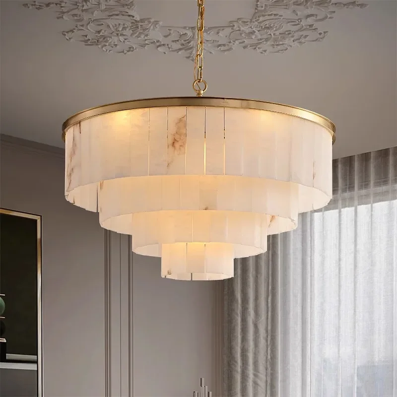 Luxury Round Natural Marble stone ceiling chandelier Full copper lamp living room dining room bedroom study Lobby Villa Lighting