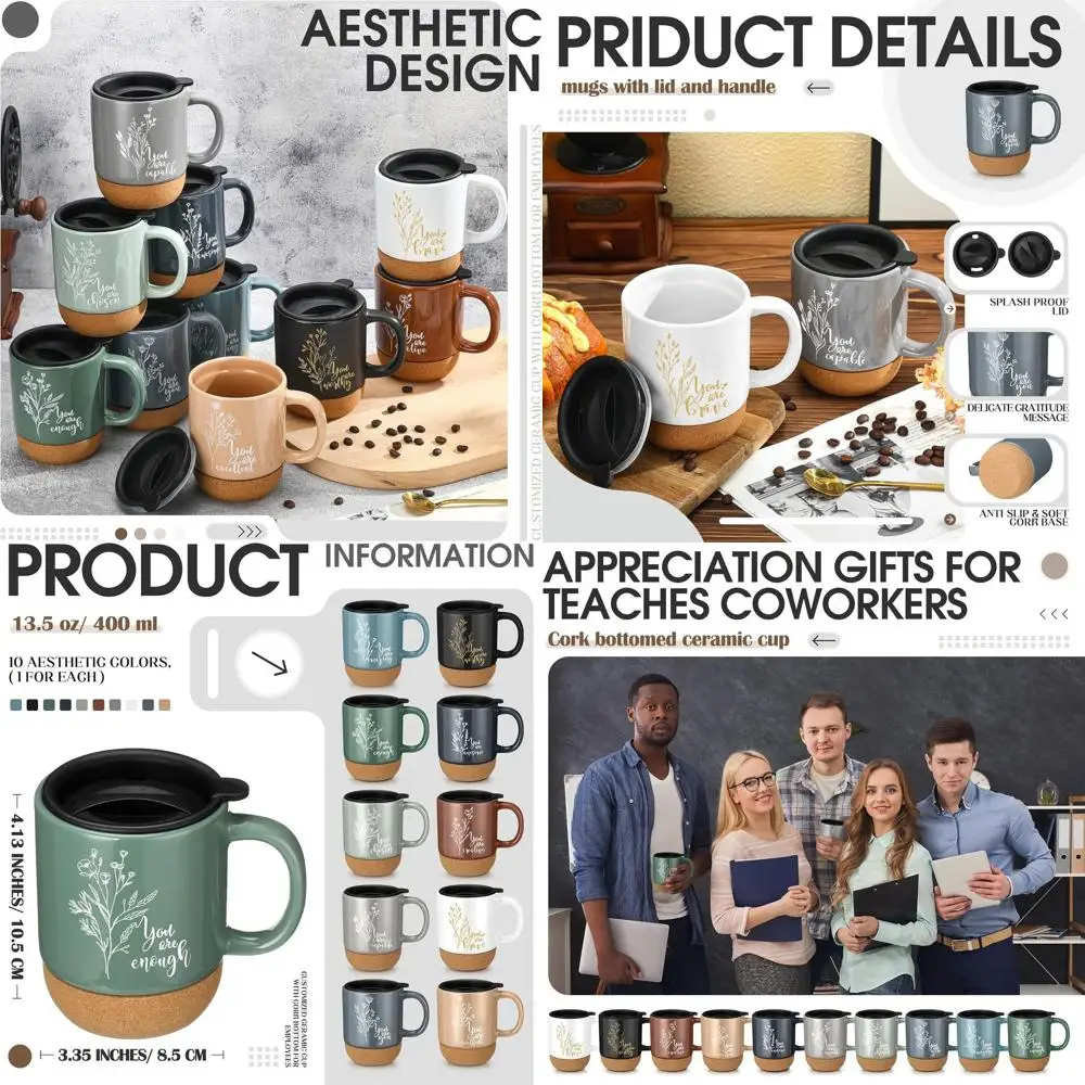 

Set of 10 13.5 oz Ceramic Mugs with Lid: Inspirational Christmas Gratitude Gifts for Teachers, Staff, and Volunteers