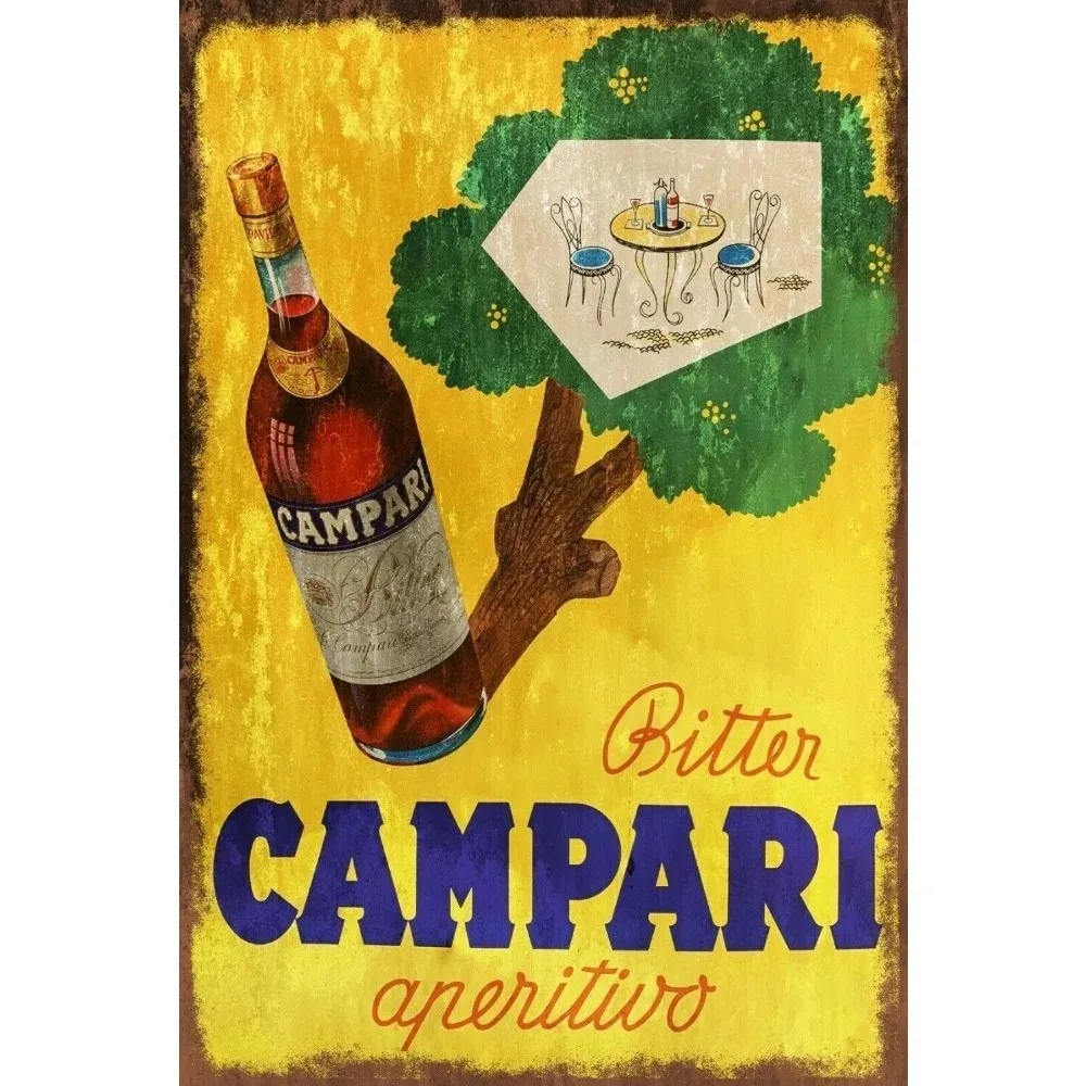 Letrero amargo Campari de aspecto vintage barro italiano, anuncio de Aperitivo de metal retro, ideal para fiestas y barras de Aperitivo