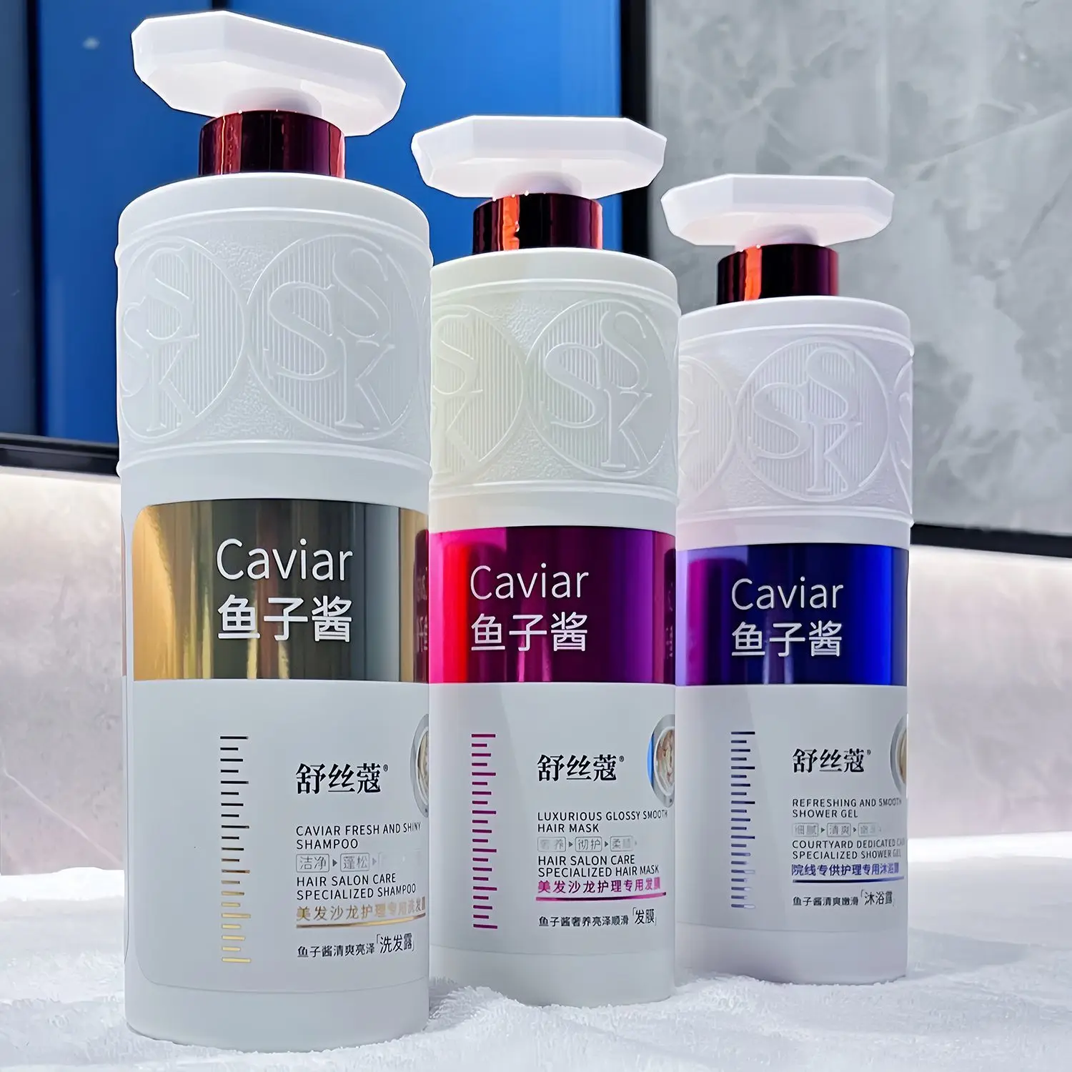 Caviar Shampoo & Conditioner Set for Dandruff Control Oil Control Fluffy Long-lasting Fragrance Shower Gel Kit