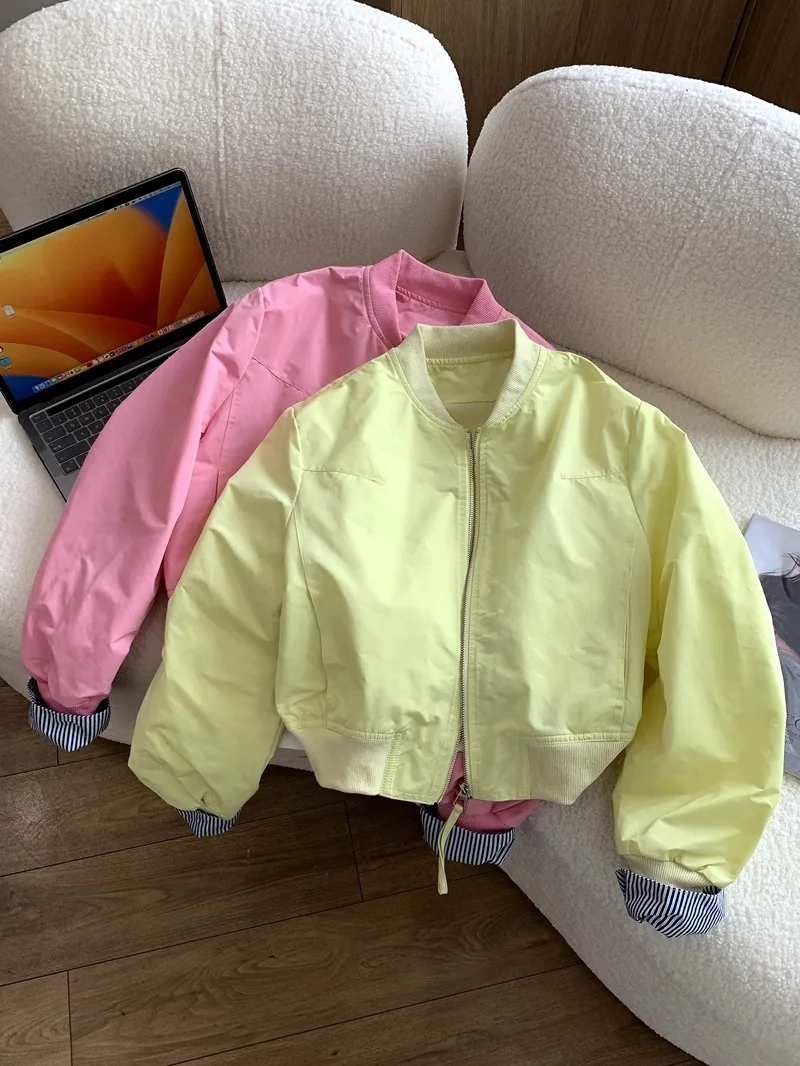 2025 ฤดูใบไม้ผลิและฤดูใบไม้ร่วงแขนเสื้อแจ็คเก็ตสั้นลายเสื้อแจ็คเก็ตเบสบอลผู้หญิงแจ็คเก็ตสีชมพู Daily Commuter อเนกประสงค์