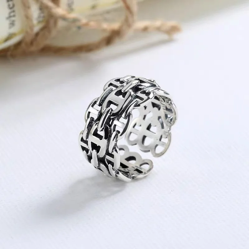 S925 Sterling Silver Pig Nose Interwoven Ring Vintage Do Old Street Hip Hop Ins Tide Multilayer Winding Opening Ring