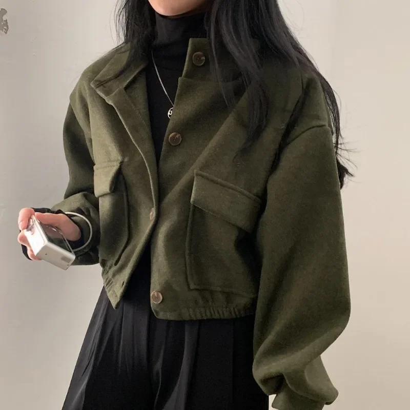 New Women Solid Colors Stand Collar Woolen Coat Autumn Loose Casual Jackets Fashion Big Pocket Button Outwears Cute Chic Jackets