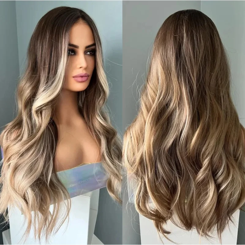 

24-дюймовые длинные коричневые парики, смешанные блондинки, мелированные волосы, парик, натуральные парики, синтетические парики, волнистые парики, термостойкие парики, парики для косплея