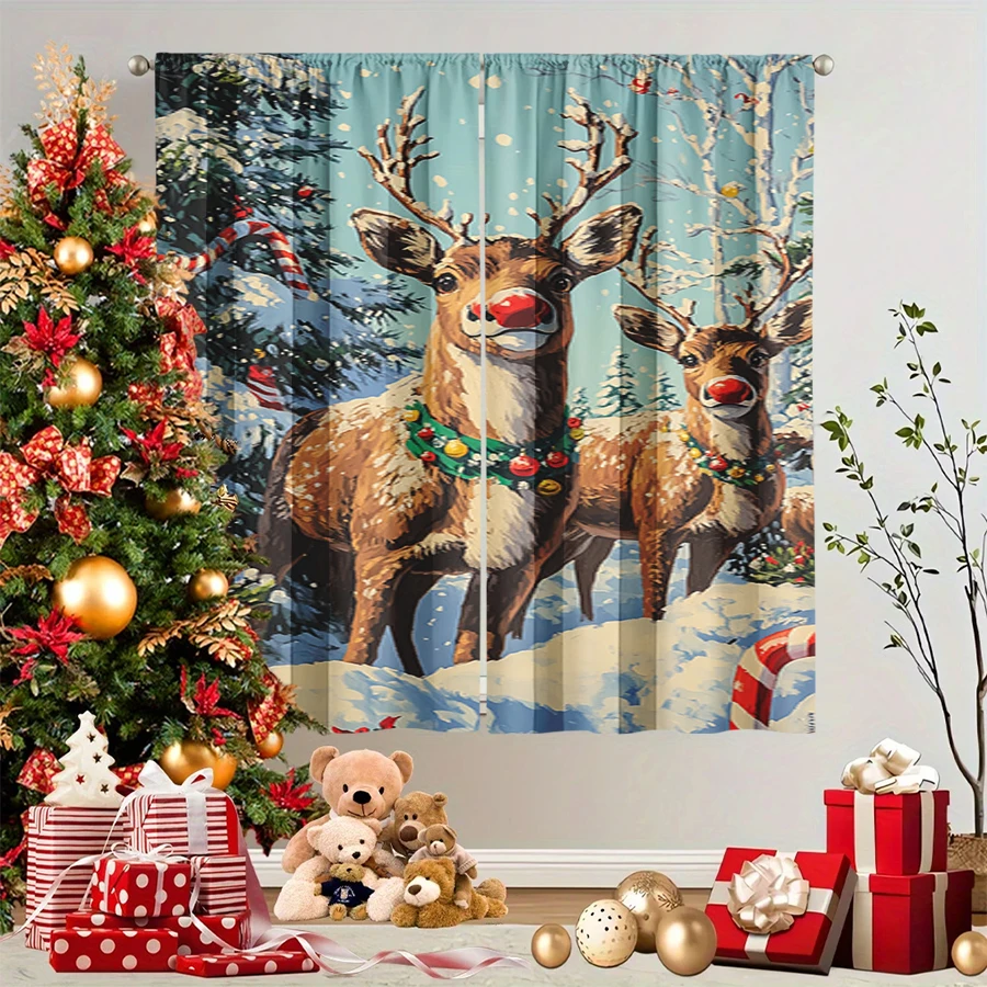 2PCS Christmas Winter Curtains, Red Nose Reindeer Snowy Forest Candy Cane, Digital Print, Bedroom Living Room, Home Decor