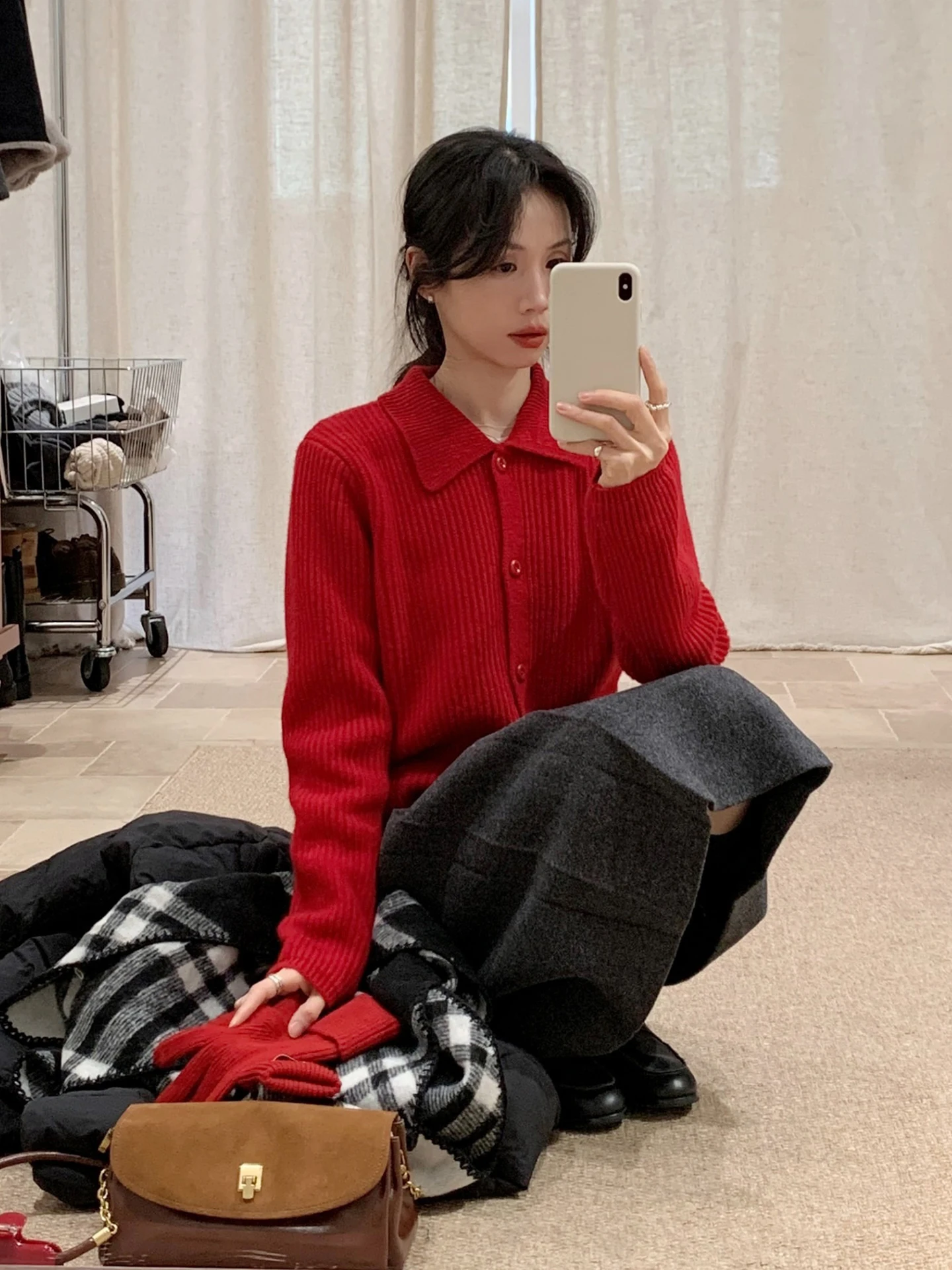 

Loose Casual Woolen Knitted Cardigan Women's Autumn Winter Long Sve Sweater Cisas Red Lazy Sle Versatile Open-irt