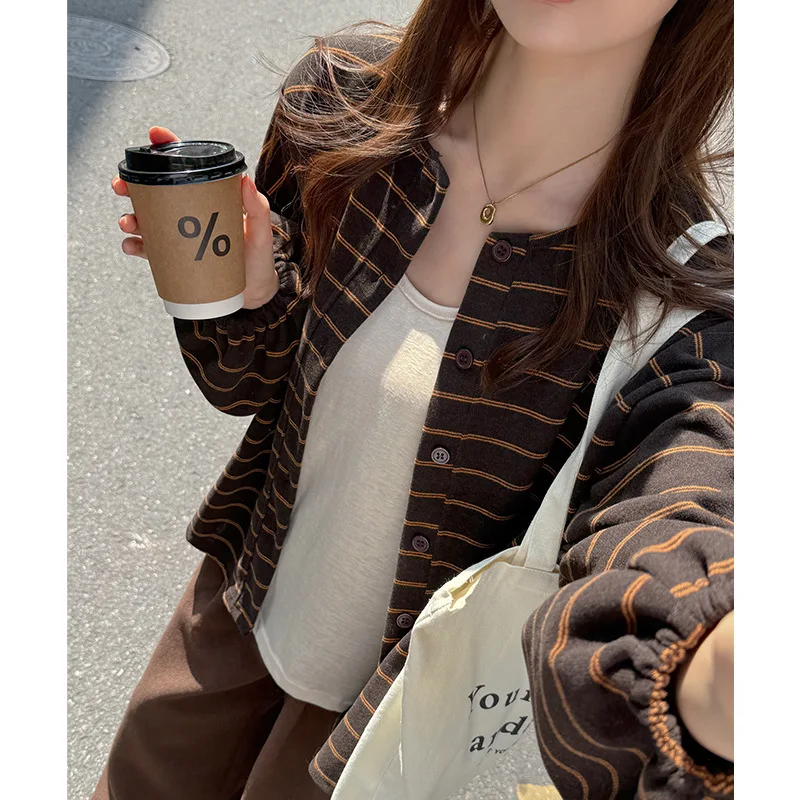 Autumn and Winter Polished Striped Lazy Style Loose Button Long-sleeved Jacket Women's Versatile Relaxation Cardigan Top