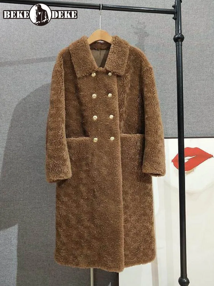 Cappotto da donna Moda 100% lana Giacca lunga Doppio petto Vestibilità ampia Casual Office Lady Inverno Caldo risvolto Tosatura delle pecore Soprabito