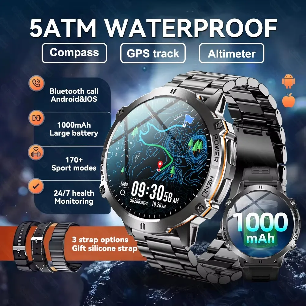 

2025New Men Military T-Rex3 1000mAh Large Battery Smart Watch GPS Compass 5ATM Waterproof Bluetooth Call Adult Sports Smartwatch