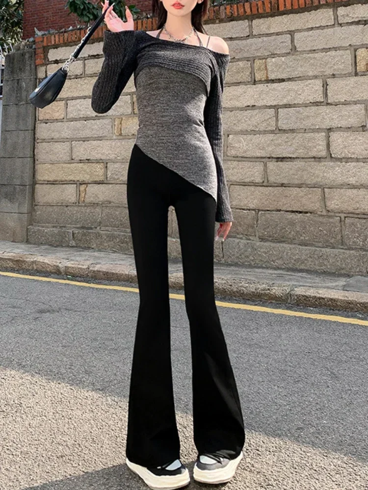 Pop ฤดูใบไม้ผลิและฤดูร้อนใหม่ Flared กางเกงสวมใส่ Micro Shark สีทึบกางเกงเอวสูง Slim ขากว้างสบายๆกางเกงยาว