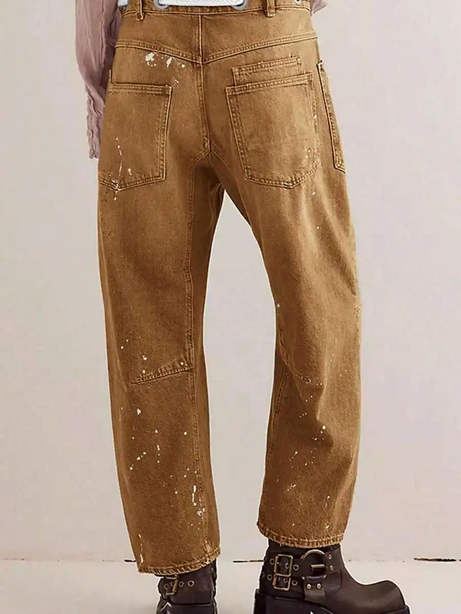 

Women Vintage Baggy Barrel Leg Denim Jeans With Paint Splatter Drawstring Waist