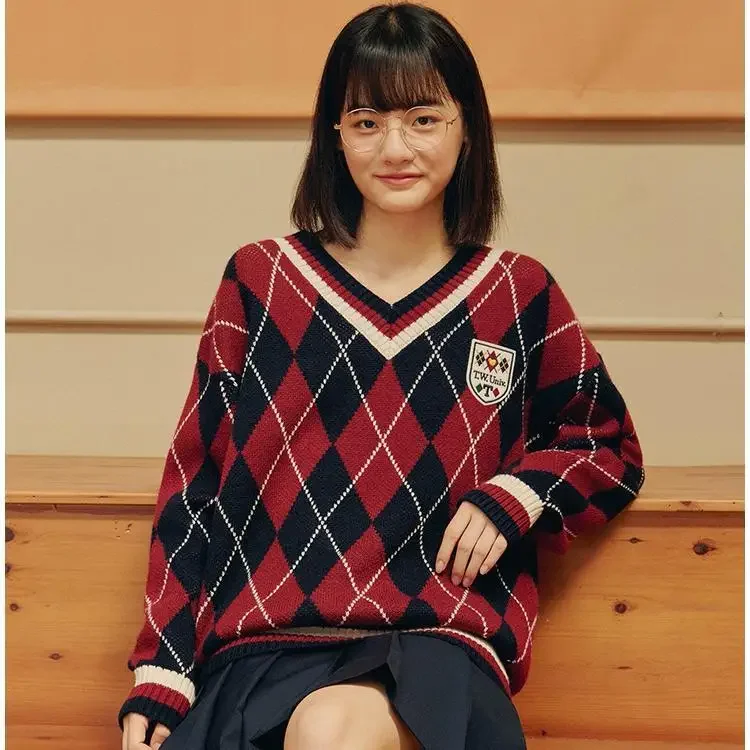 Korean Brand Chic Vintage V-neck Argyle Sweater Women Harajuku Teens Loose Winter Pullovers Green Red Y2K Preppy Clothes Couples