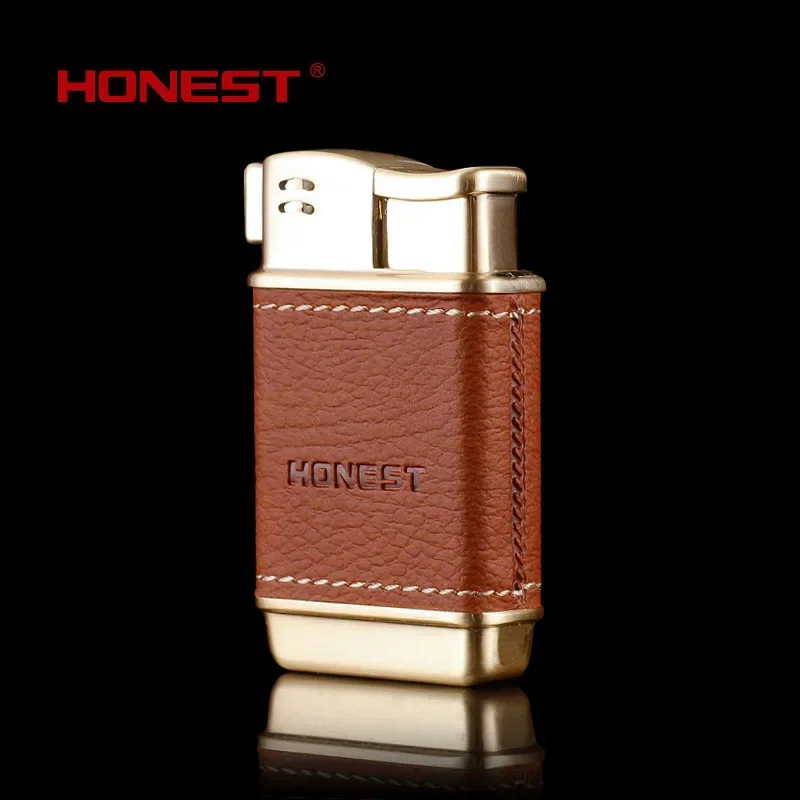 HONEST High-end Genuine Leather Metal Lighter Tilted Fire Metal Butane Gas Smoke Lamp Lighter Supplement Smoking Accessories