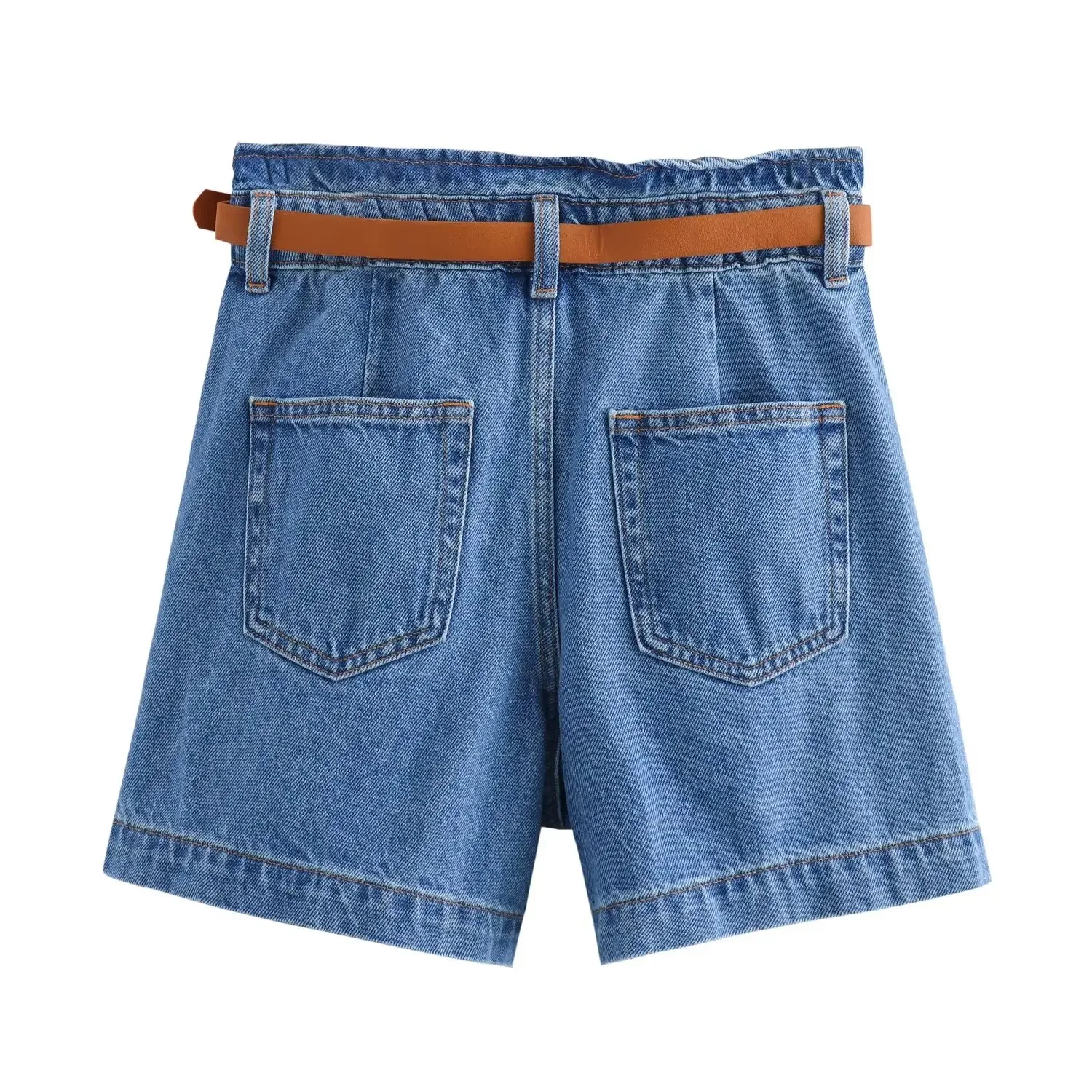 Shorts jeans de cintura alta feminino, shorts retrô com zíper, versão solta, decoração de bolso para cinto, moda casual, novo, 2024