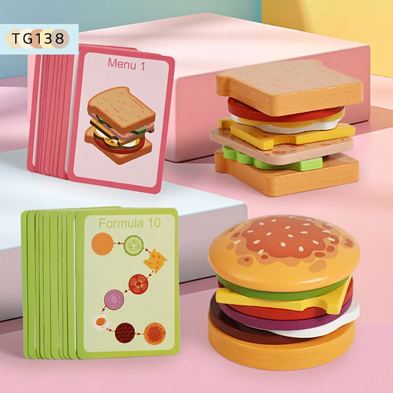 【New】Wooden Hamburg Sandwich Stacking Toys For Kids Montessori Preschool Educational Toys Fine Motor Skill Kitchen Toy