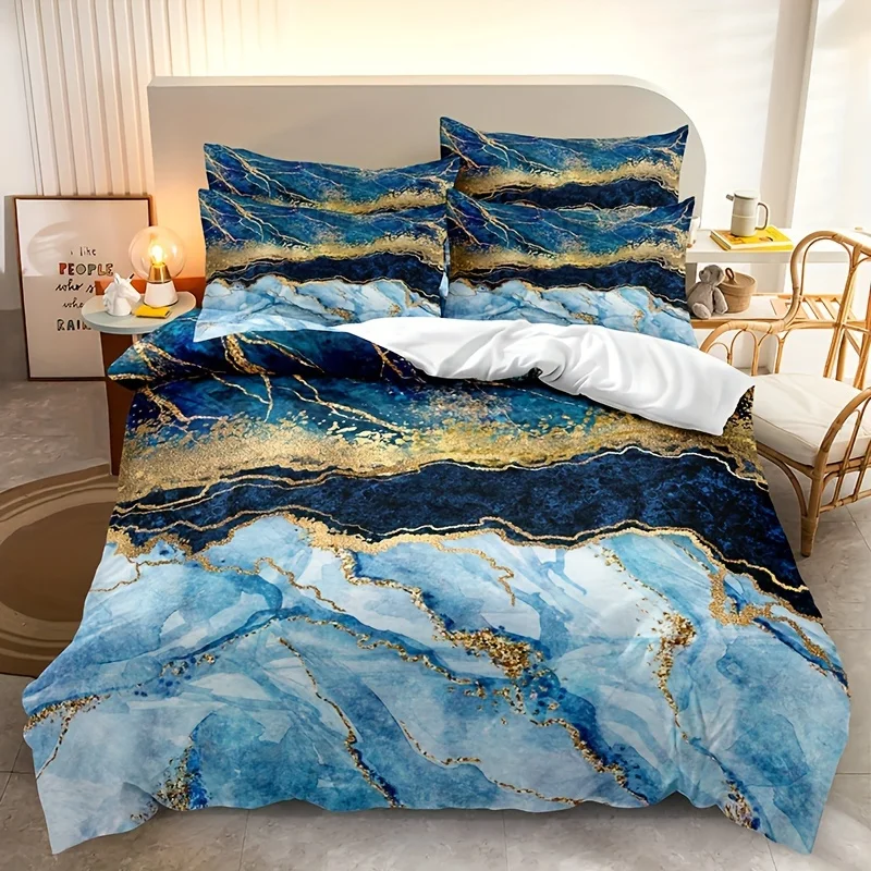 Blue Marble Print Bedding Set Soft Comfortable Duvet Cover For Bedroom Guest Room (1*Duvet Cover + 2*Pillowcase Without Core)