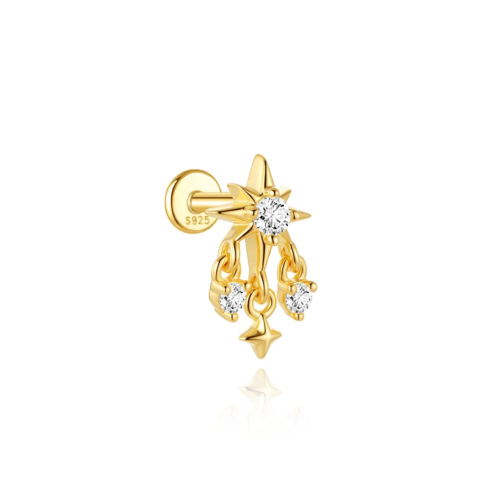 AIDE 925 Sterling Silber Kite Stone Zirkon Flachkopf-Innengewinde-Piercing für Damen, Sternkette, Quasten-Accessoires, Schmuck