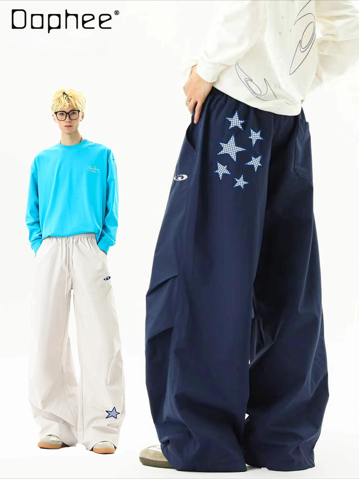 

2025 Spring and Autumn New American Style Star Patch Pleated Apricot Casual Pants Men's Navy Blue Loose Wide-Leg Straight Pants