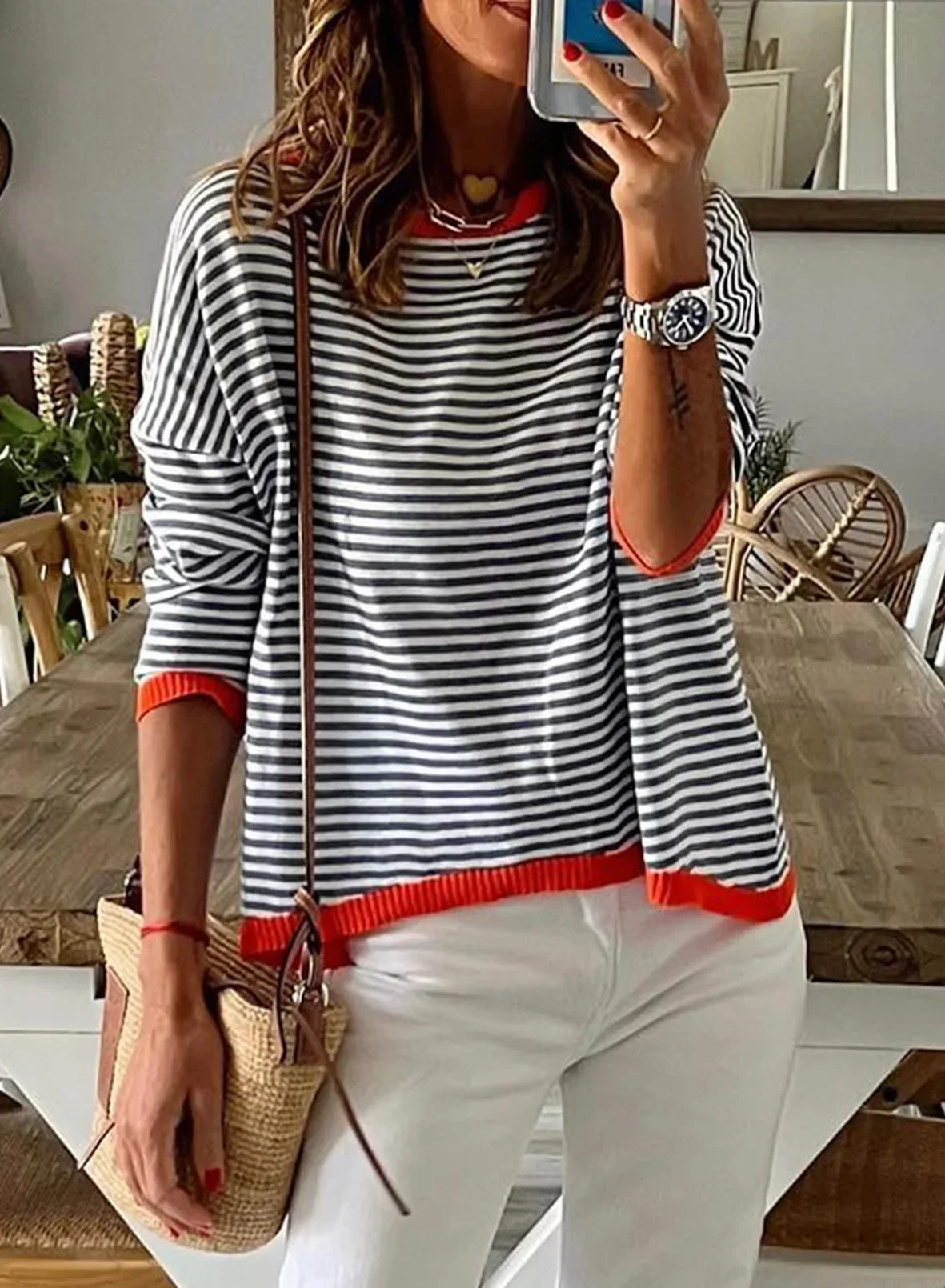 

Womens Lightweight Cotton Sweaters Long/Short Sleeve Crew Neck Color Block Striped Casual Knitted Pullover Tops