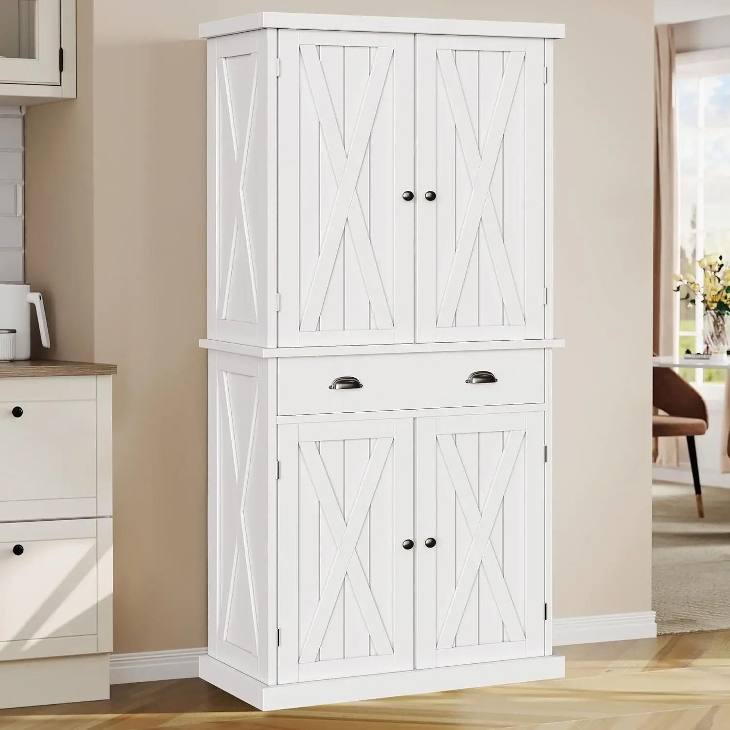 

72'' Farmhouse Kitchen Pantry, Wood Kitchen Storage Cabinets with Drawer and Adjustable Shelves