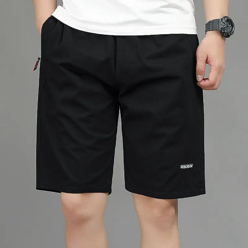 Shorts retos soltos casuais masculinos, outwear de algodão fino, calça de 5 pontos, bordado sólido, elástico na cintura, bolso para desenho, verão