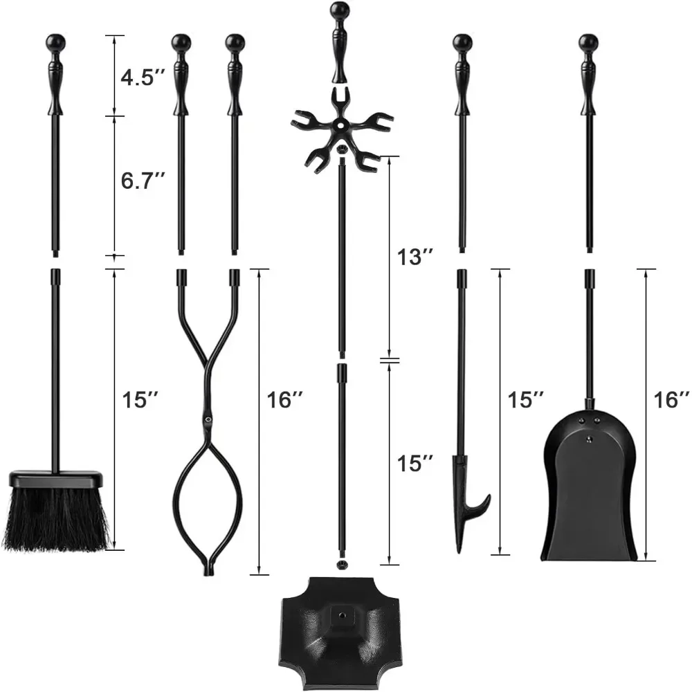 GARDEN & HOME 5 Pcs Fireplace Tools Sets Black Handle Wrought Iron Large Fire Tool Set and Holder Outdoor Fireset Stand Rustic