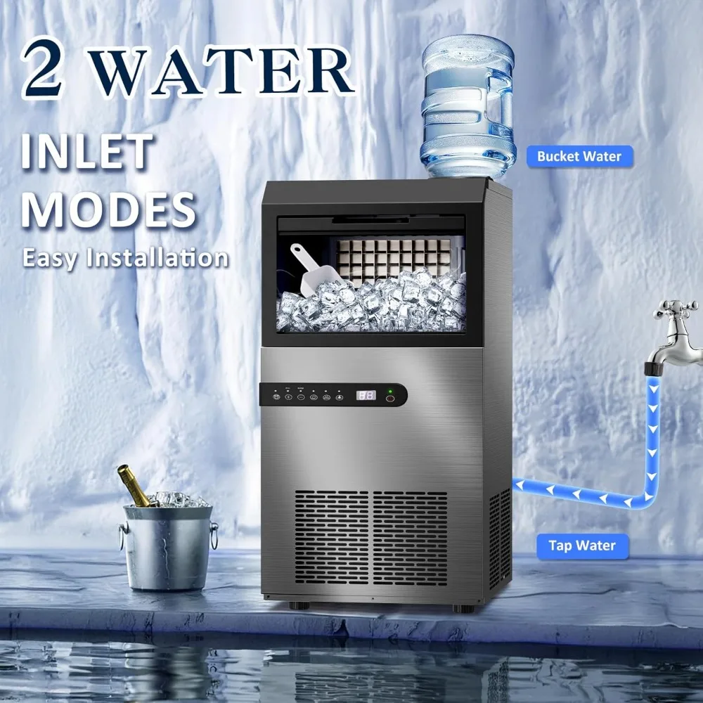 Ice Maker Machine, 100lbs/24H Stainless Steel Under Counter ice Machine with 45 Ice Cubes/Cycle, 2 Water Inlet Modes,
