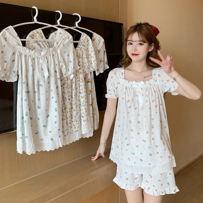 Sweet Square Neck Pajamas Suit Women Cotton Print Top&shorts Kawaii Lace Trim Sleepwear Princess Home Clothes Cozy Loungewear