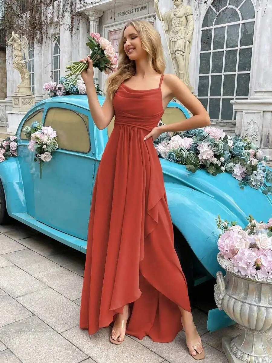 Chiffon Spaghetti Straps Elegant Bridesmaid Dresses Simple A-line Side Slit Ruffles Party Dress Backless Long Wedding Guest Gown