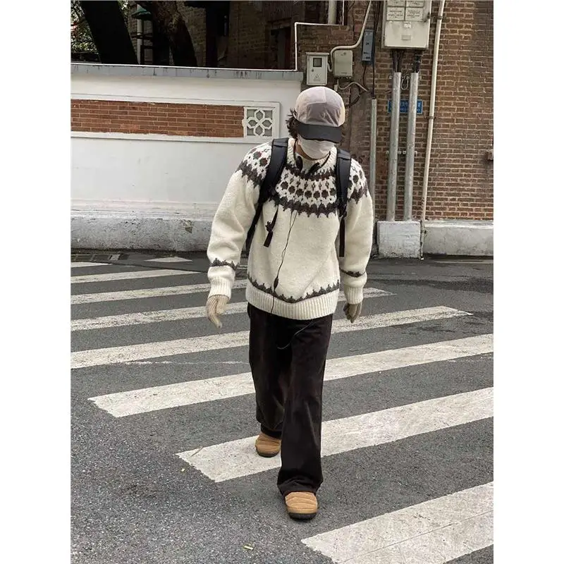 

Утепленный круглый свитер Fair Isle для пар в скандинавском стиле, американское ретро, осенне-зимний сезон, модный дизайн