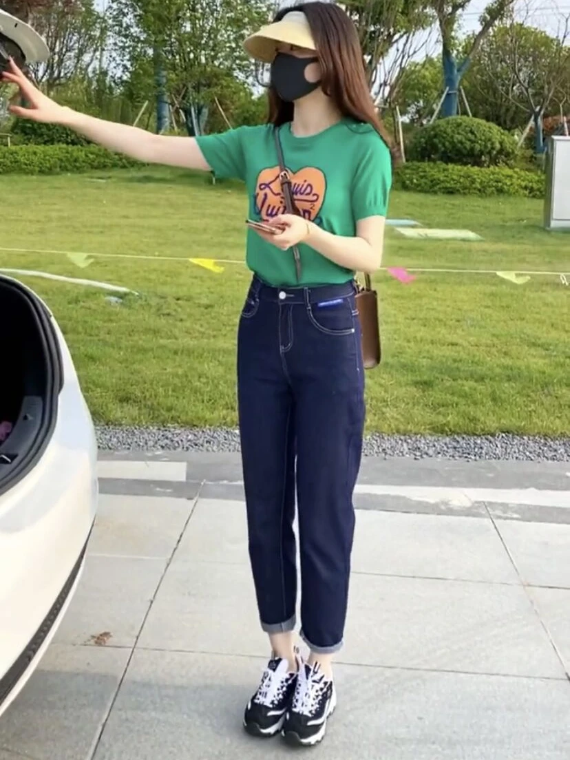 

Ice Silk Short Sleeve T-Shirt High Waist Thin Denim Jeans Set Women's Summer Casual Slimming Two-Piece Suit Fashionable Ensemble
