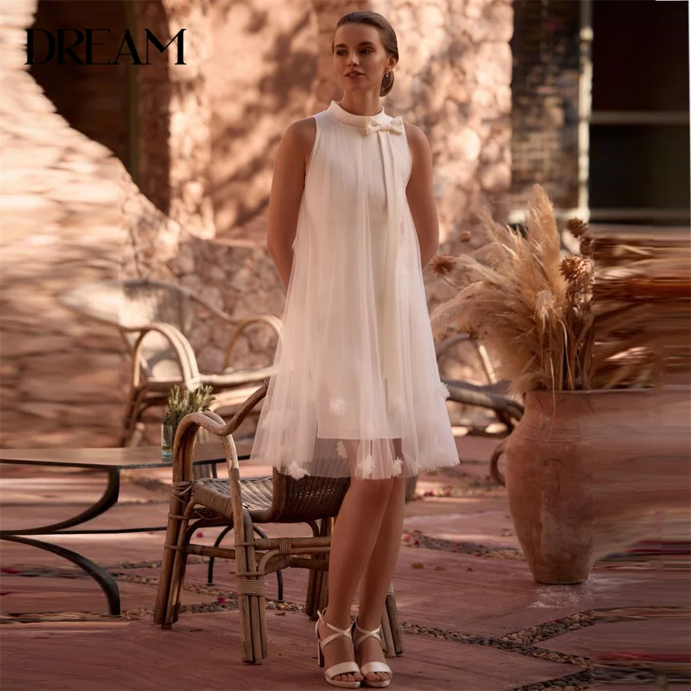 

DREAM High Collar A-Line Short Wedding Dresses Women 2025 Bow 3D Flowers Sleeveless Bridal Gown Vestidos De Novia Customized